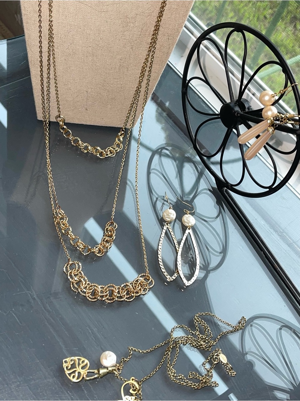 Gold Tone Layered Chain Necklaces and Drop Earrings Bundle- Vintage bundle